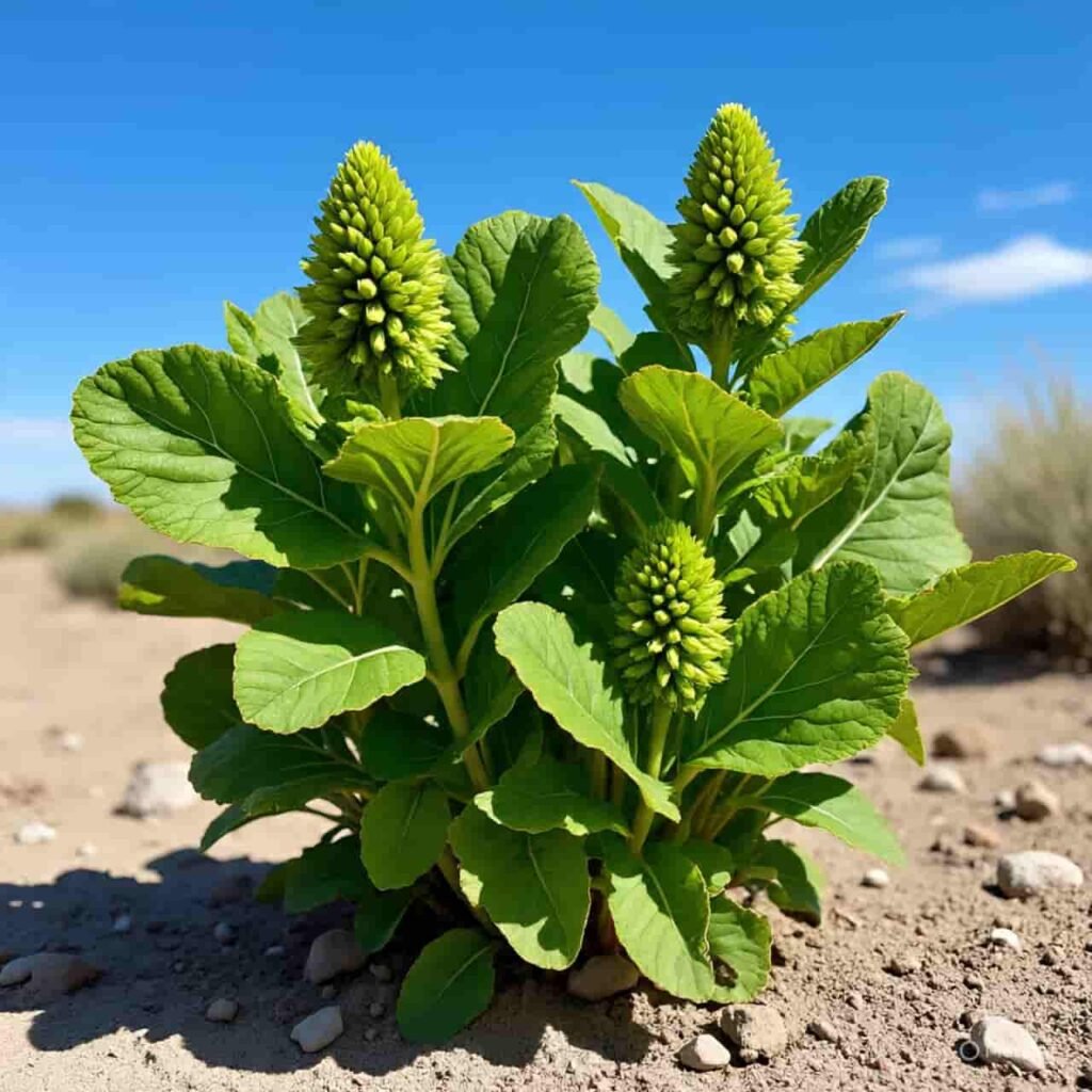 Una planta de Chenopodium album con flores verdes y hojas grandes, creciendo en un suelo arenoso y seco.